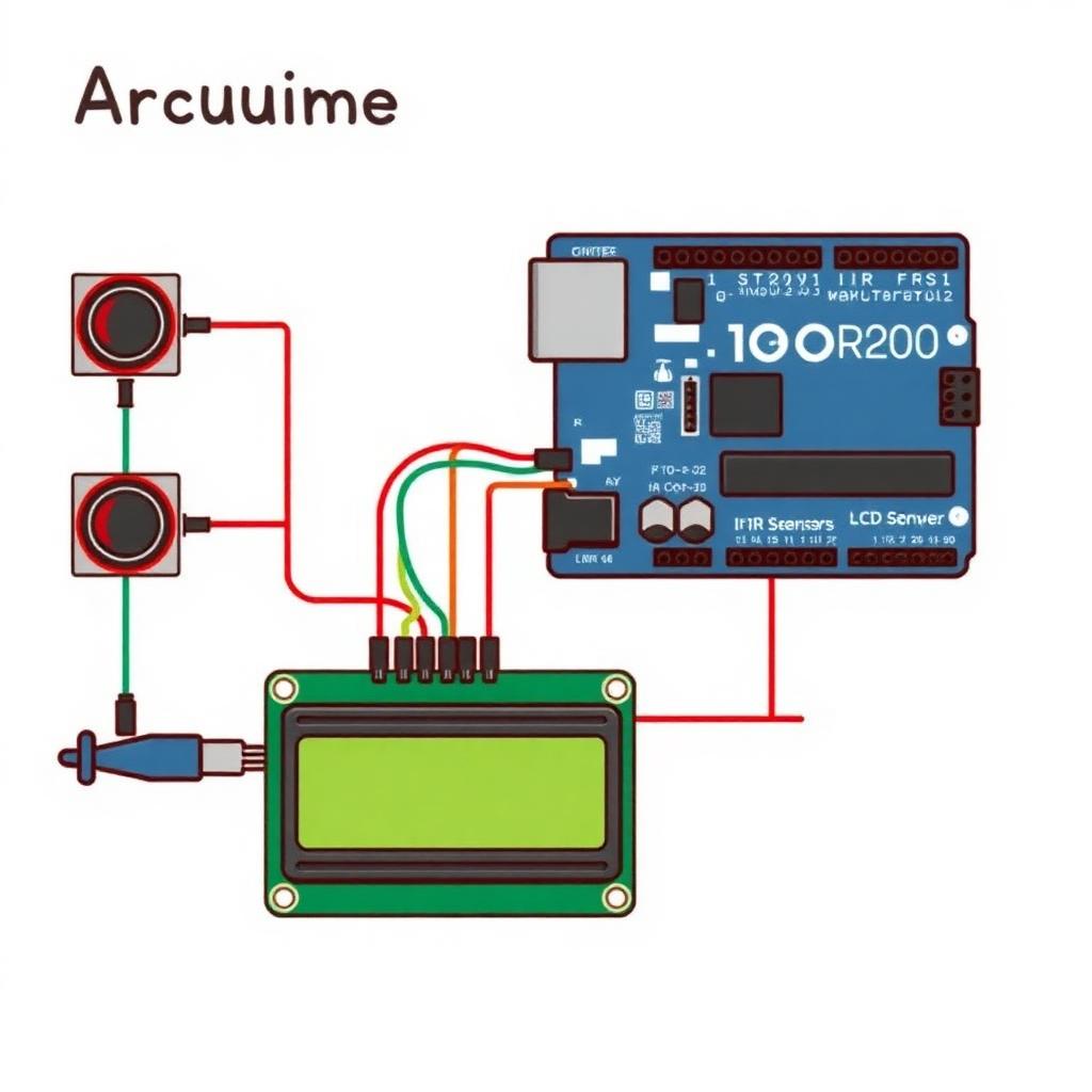 Circuit diagram showing Arduino connections with IR sensors, servo motor, and LCD