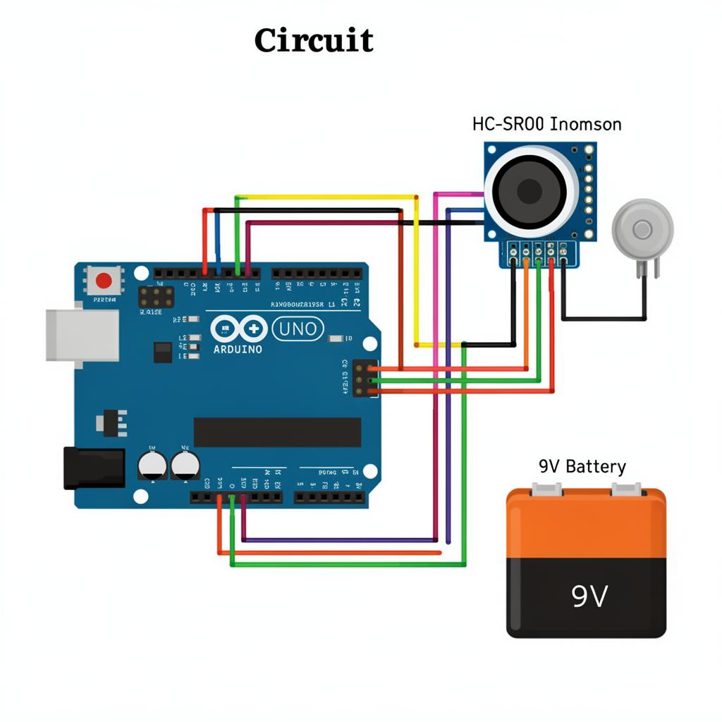 Circuit diagram showing connections between Arduino, ultrasonic sensor, buzzer, and 9V battery